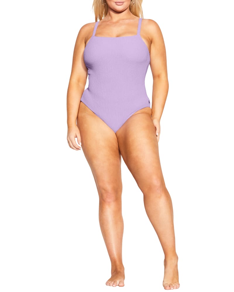Front of a model wearing a size XS Izzy One Piece Swimsuit in Violet by City Chic. | dia_product_style_image_id:271647